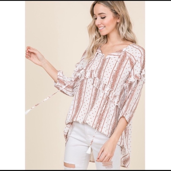 New! Boho Ruffles Tunic Tassels Hi Lo Hem and Elastic stretchy Cuffs Top - Picture 2 of 8
